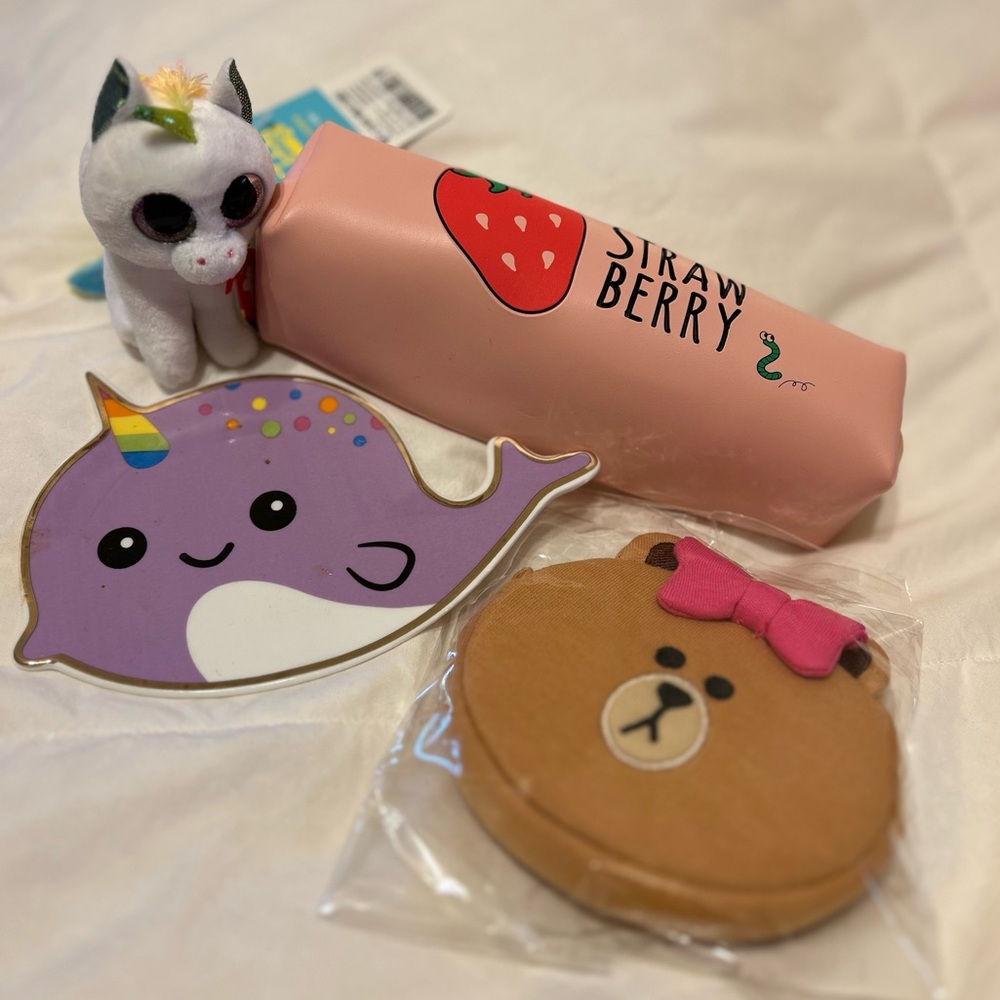 Bundle of Ty Beanie Boos, Bear pouch, Narwhal trinket and pencil case